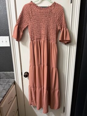 Polagram Tiered Midi Dress in Dusty Rose